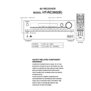 Onkyo ht rc360 service manual cover with an image of the device and its remote control, model type and code, manual issue date and service safety precaution notice