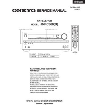 Onkyo ht rc360 service manual cover with an image of the device and its remote control, model type and code, manual issue date and service safety precaution notice