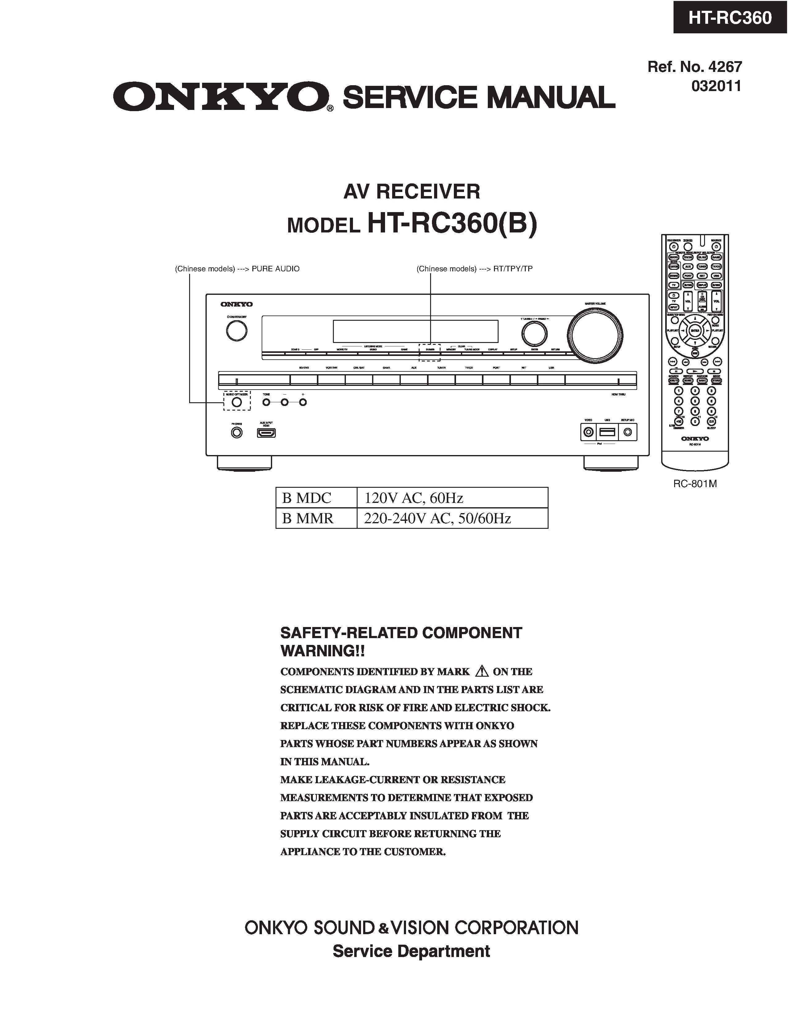 Onkyo ht rc360 service manual cover with an image of the device and its remote control, model type and code, manual issue date and service safety precaution notice