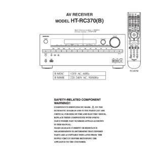 Onkyo ht rc370 service manual cover with an image of the device and its remote control, model type and code, manual issue date and service safety precaution notice