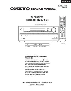 Onkyo ht rc370 service manual cover with an image of the device and its remote control, model type and code, manual issue date and service safety precaution notice