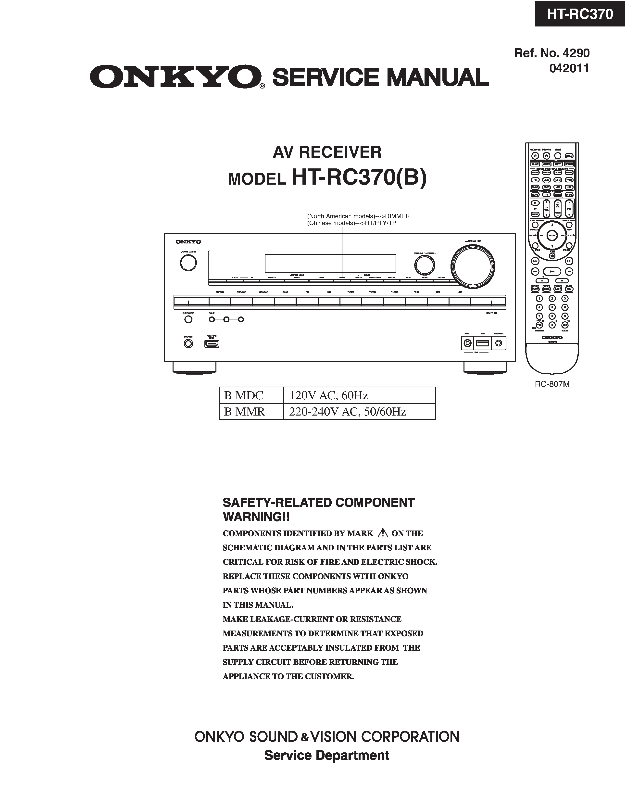 Onkyo ht rc370 service manual cover with an image of the device and its remote control, model type and code, manual issue date and service safety precaution notice
