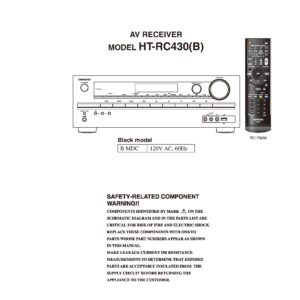 Onkyo ht rc430 service manual cover with an image of the device and its remote control, model type and code, manual issue date and service safety precaution notice