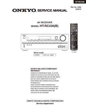 Onkyo ht rc430 service manual cover with an image of the device and its remote control, model type and code, manual issue date and service safety precaution notice