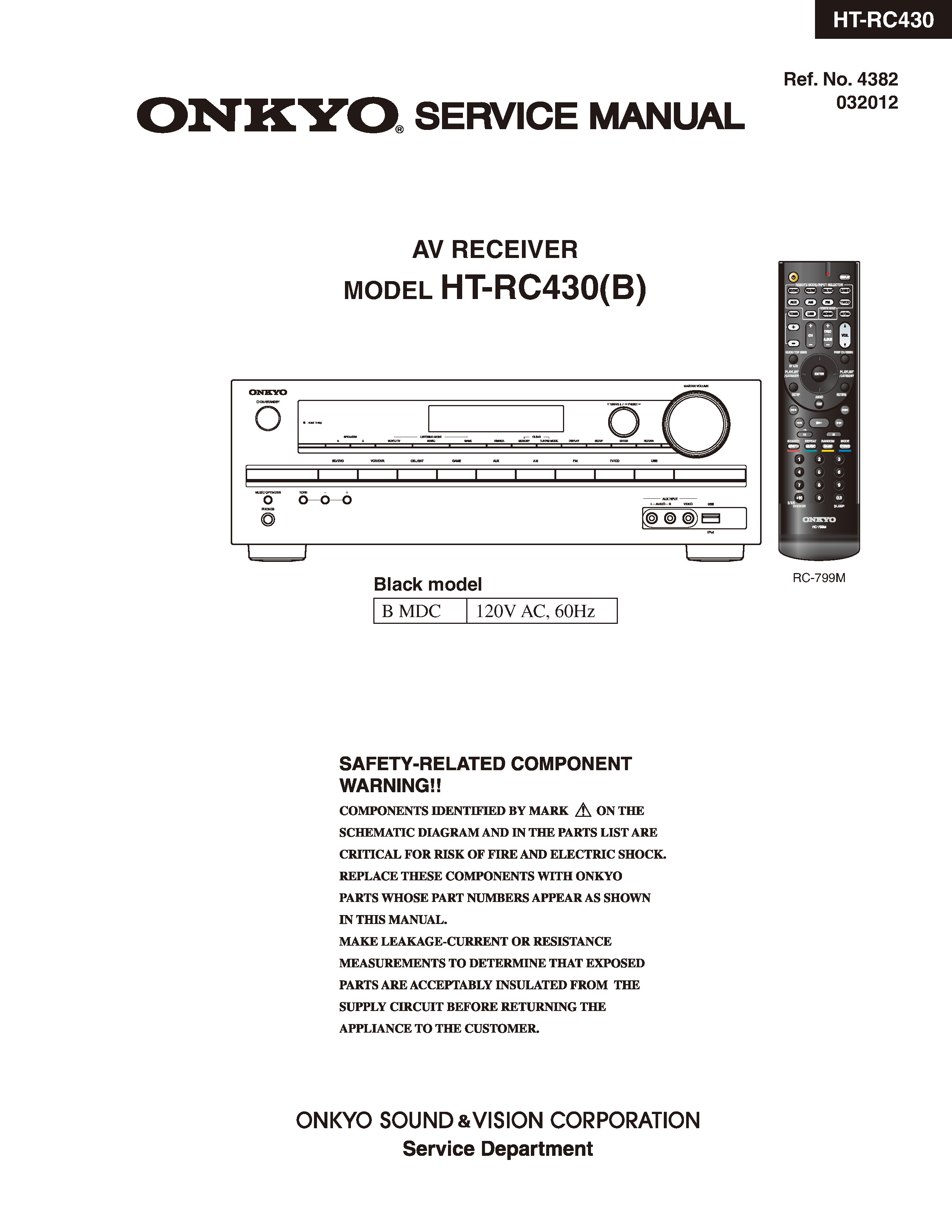 Onkyo ht rc430 service manual cover with an image of the device and its remote control, model type and code, manual issue date and service safety precaution notice