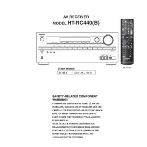 Onkyo ht rc440 service manual cover with an image of the device and its remote control, model type and code, manual issue date and service safety precaution notice