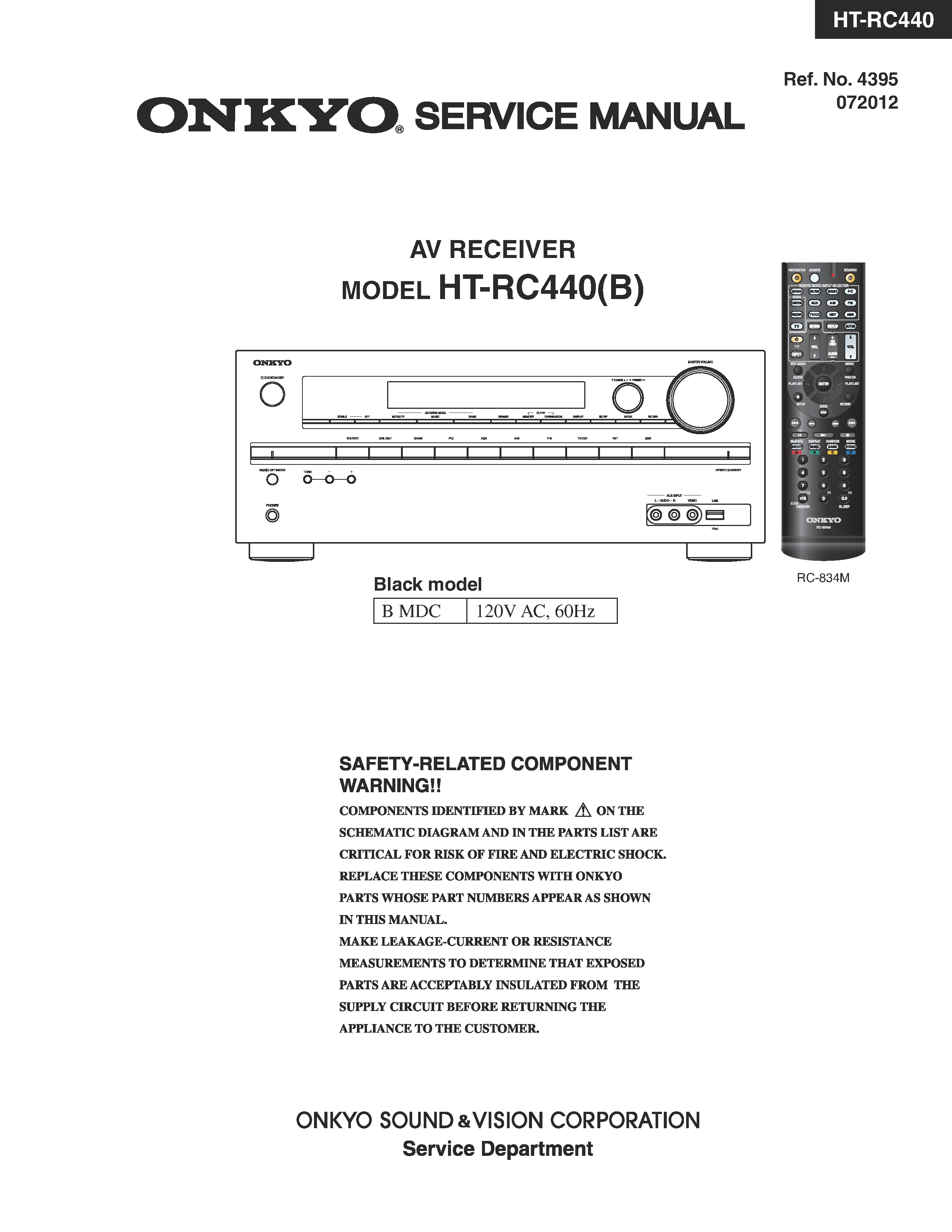 Onkyo ht rc440 service manual cover with an image of the device and its remote control, model type and code, manual issue date and service safety precaution notice