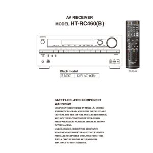Onkyo ht rc460 service manual cover with an image of the device and its remote control, model type and code, manual issue date and service safety precaution notice