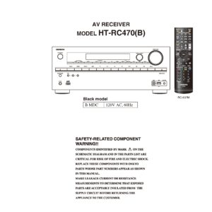 Onkyo ht rc470 service manual cover with an image of the device and its remote control, model type and code, manual issue date and service safety precaution notice