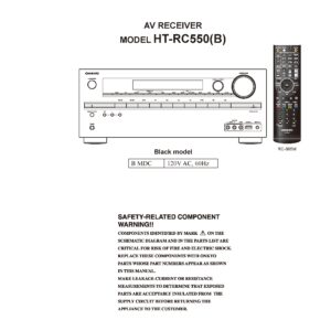 Onkyo ht rc550 service manual cover with an image of the device and its remote control, model type and code, manual issue date and service safety precaution notice