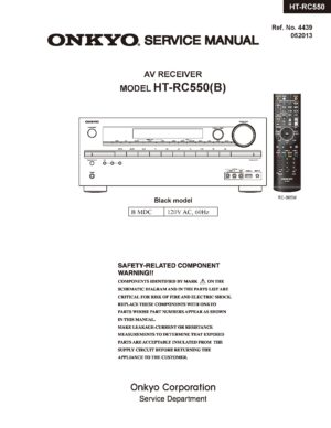 Onkyo ht rc550 service manual cover with an image of the device and its remote control, model type and code, manual issue date and service safety precaution notice