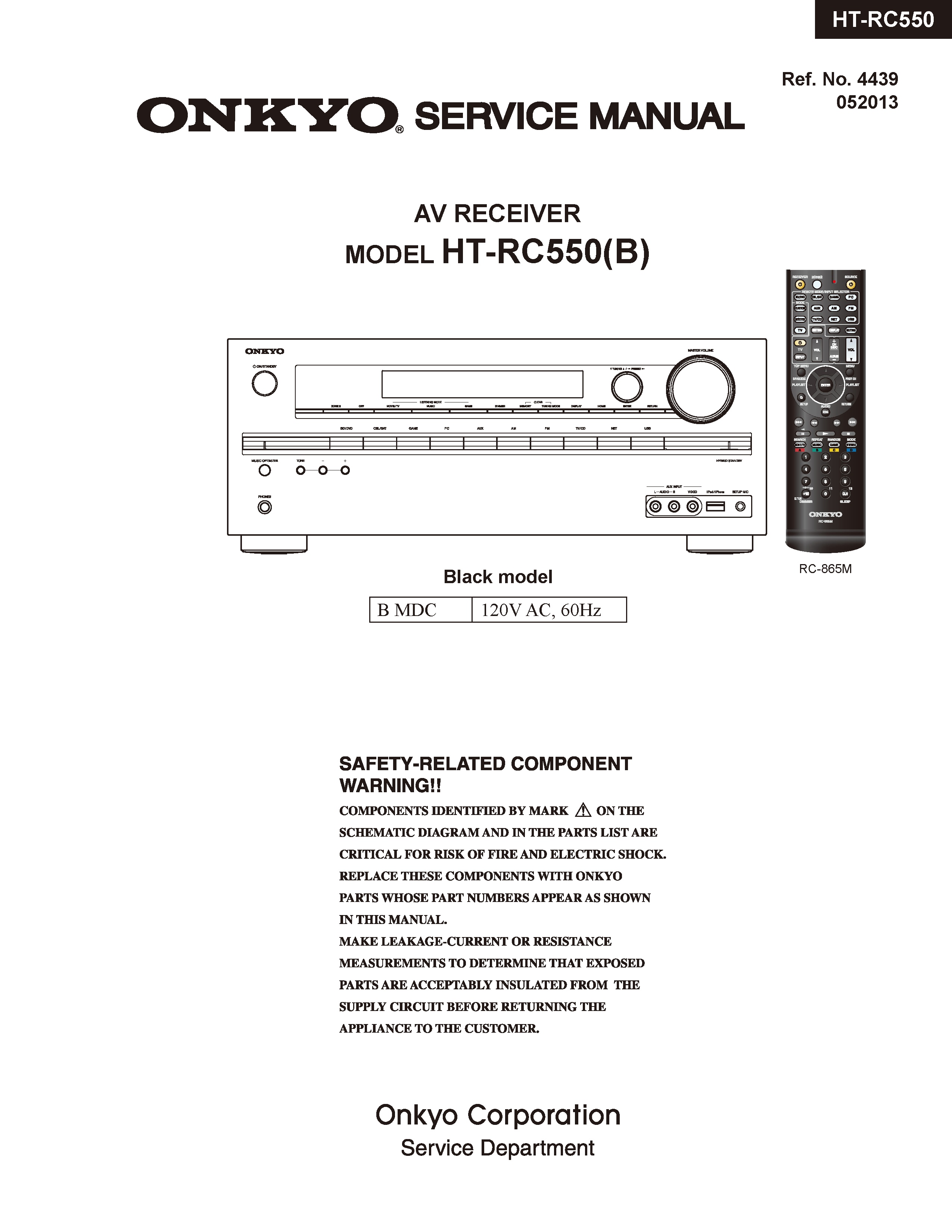 Onkyo ht rc550 service manual cover with an image of the device and its remote control, model type and code, manual issue date and service safety precaution notice