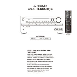Onkyo ht rc560 service manual cover with an image of the device and its remote control, model type and code, manual issue date and service safety precaution notice