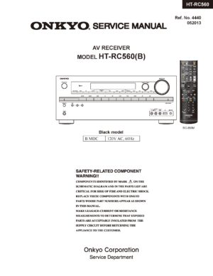 Onkyo ht rc560 service manual cover with an image of the device and its remote control, model type and code, manual issue date and service safety precaution notice