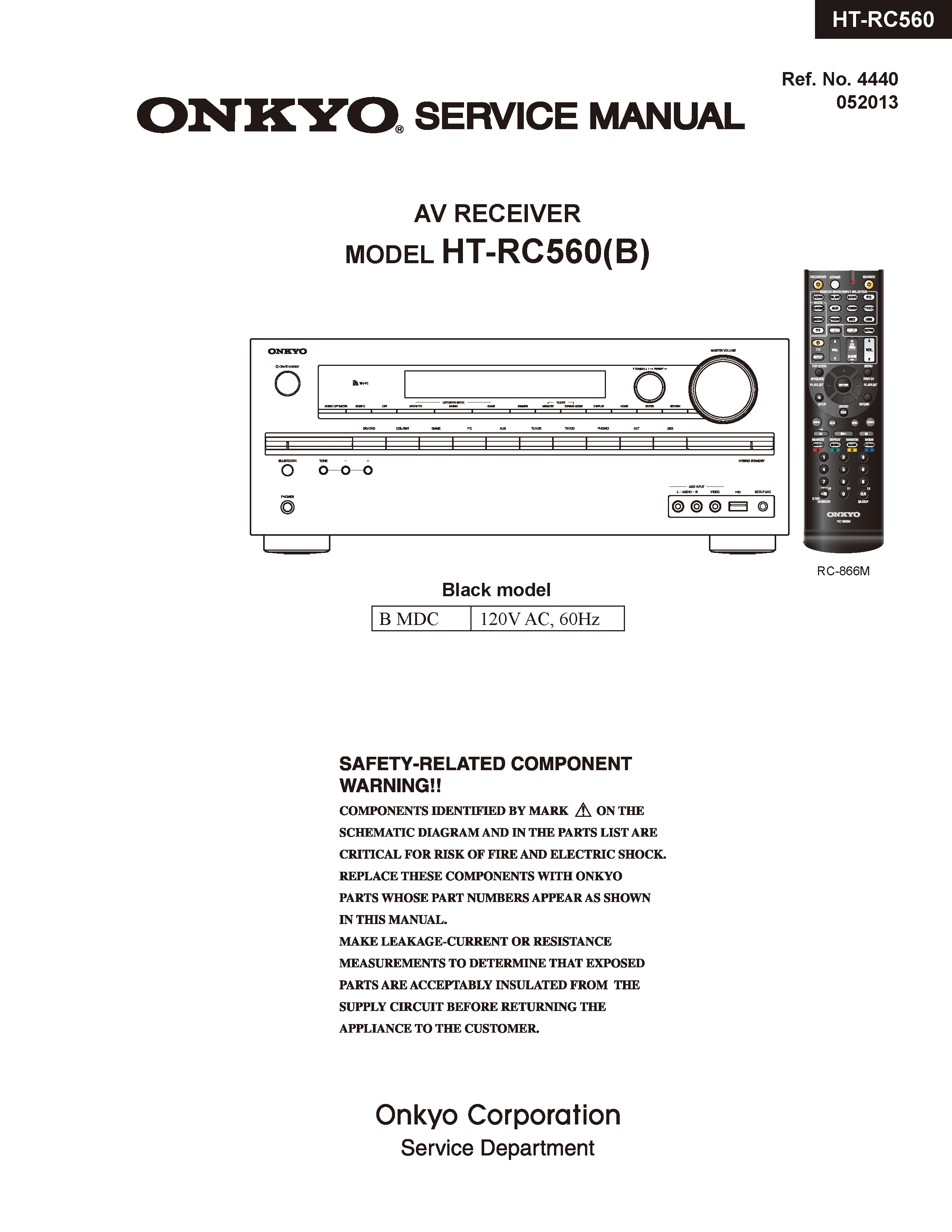 Onkyo ht rc560 service manual cover with an image of the device and its remote control, model type and code, manual issue date and service safety precaution notice