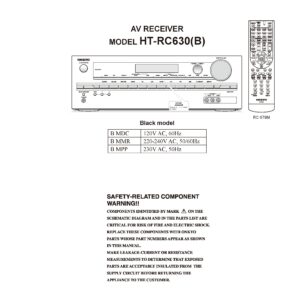 Onkyo ht rc630 service manual cover with an image of the device and its remote control, model type and code, manual issue date and service safety precaution notice