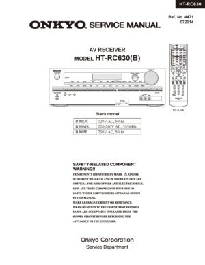Onkyo ht rc630 service manual cover with an image of the device and its remote control, model type and code, manual issue date and service safety precaution notice