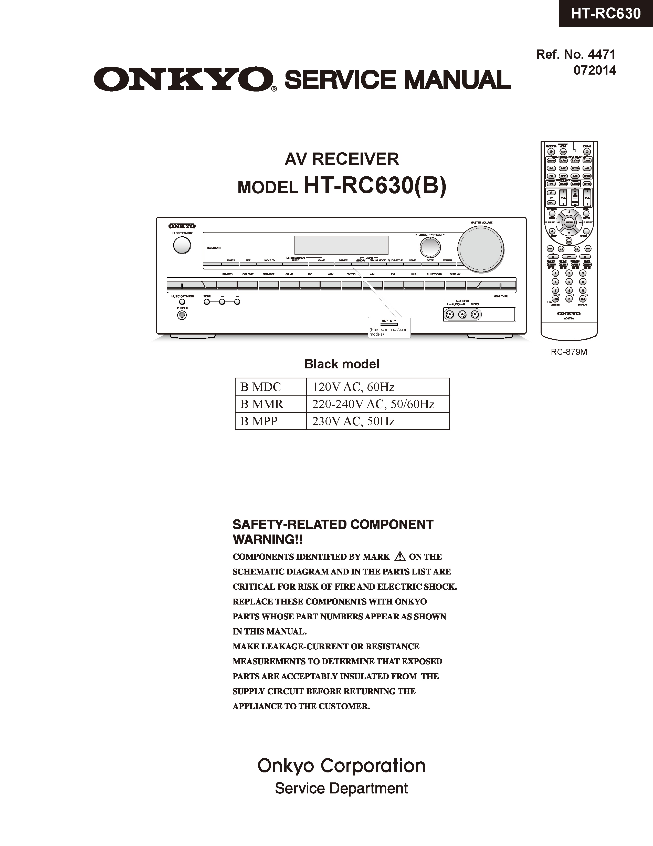 Onkyo ht rc630 service manual cover with an image of the device and its remote control, model type and code, manual issue date and service safety precaution notice