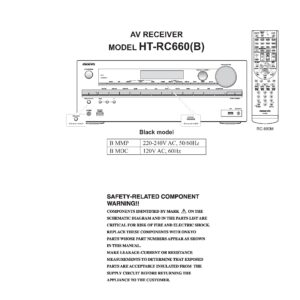 Onkyo ht rc660 service manual cover with an image of the device and its remote control, model type and code, manual issue date and service safety precaution notice