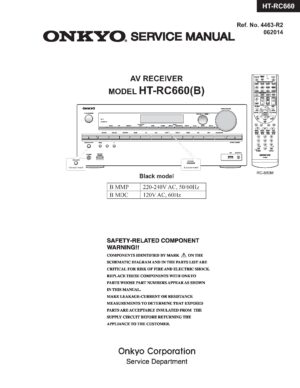 Onkyo ht rc660 service manual cover with an image of the device and its remote control, model type and code, manual issue date and service safety precaution notice