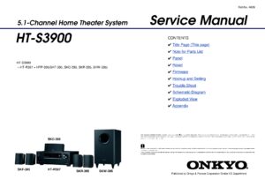 Onkyo ht s3900 r397 service manual cover with an image of the device and its remote control, model type and code, manual issue date and service safety precaution notice