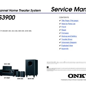 Onkyo ht s3900 r397 service manual cover with an image of the device and its remote control, model type and code, manual issue date and service safety precaution notice