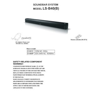 Onkyo ls b40 service manual cover with an image of the device and its remote control, model type and code, manual issue date and service safety precaution notice