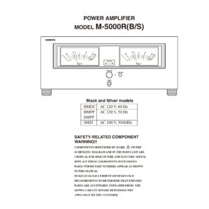 Onkyo m 5000r service manual cover with an image of the device and its remote control, model type and code, manual issue date and service safety precaution notice