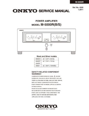 Onkyo m 5000r service manual cover with an image of the device and its remote control, model type and code, manual issue date and service safety precaution notice