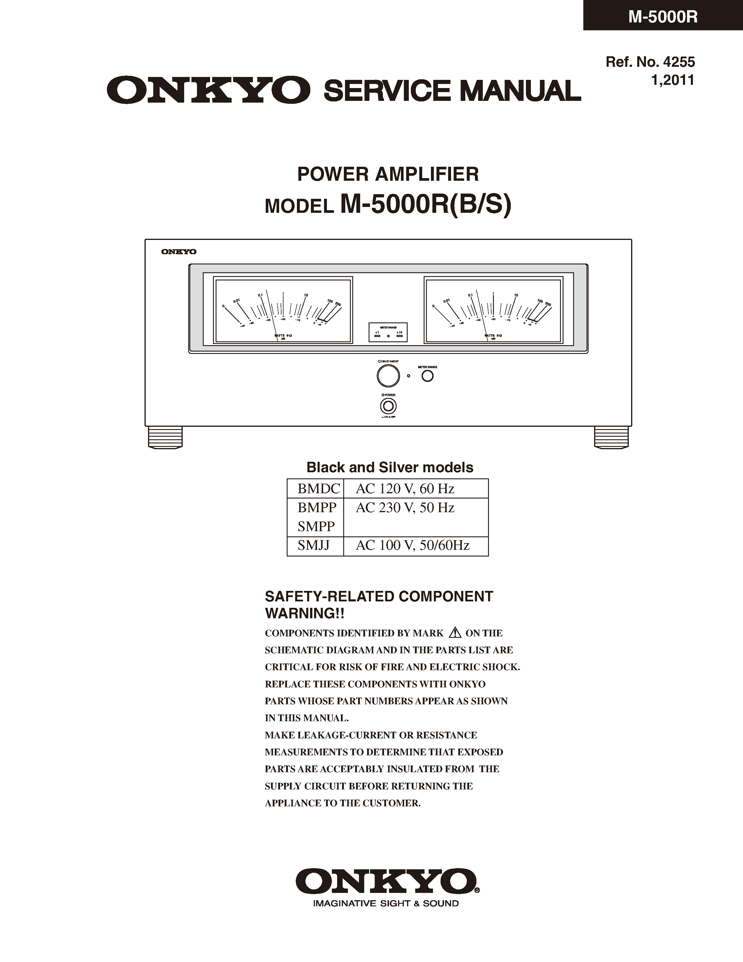 Onkyo m 5000r service manual cover with an image of the device and its remote control, model type and code, manual issue date and service safety precaution notice