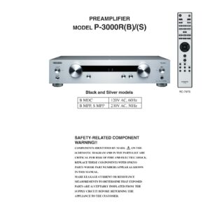 Onkyo p 3000r service manual cover with an image of the device and its remote control, model type and code, manual issue date and service safety precaution notice