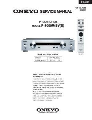 Onkyo p 3000r service manual cover with an image of the device and its remote control, model type and code, manual issue date and service safety precaution notice