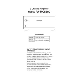 Onkyo pa mc5500 service manual cover with an image of the device and its remote control, model type and code, manual issue date and service safety precaution notice