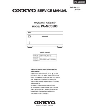 Onkyo pa mc5500 service manual cover with an image of the device and its remote control, model type and code, manual issue date and service safety precaution notice
