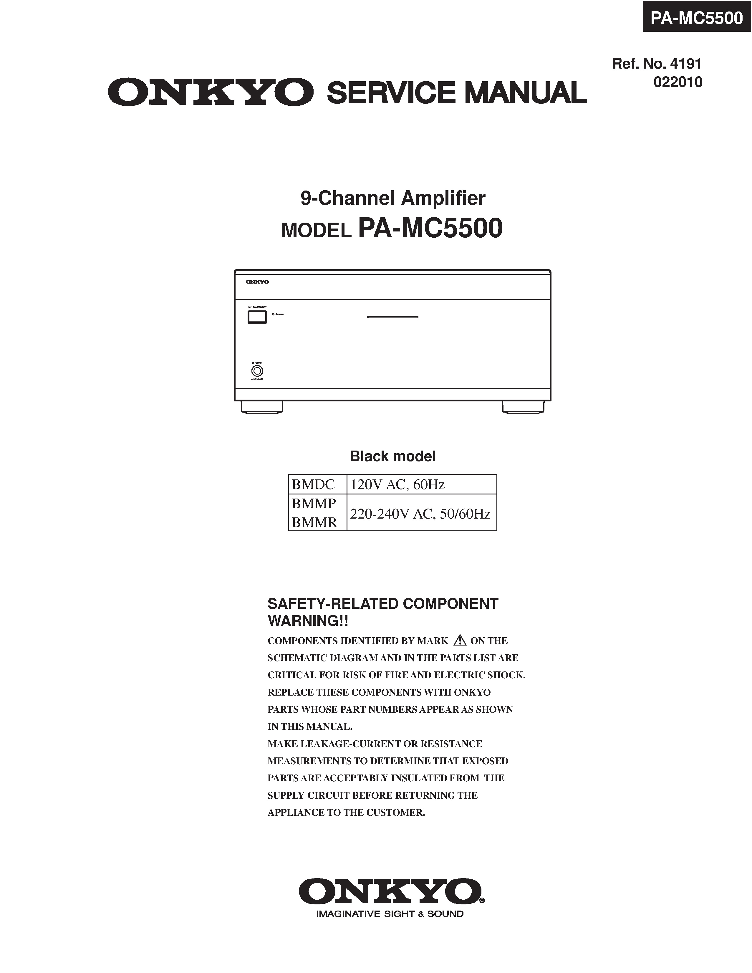 Onkyo pa mc5500 service manual cover with an image of the device and its remote control, model type and code, manual issue date and service safety precaution notice