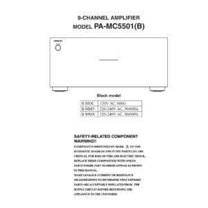 Onkyo pa mc5501 service manual cover with an image of the device and its remote control, model type and code, manual issue date and service safety precaution notice