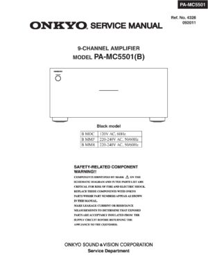 Onkyo pa mc5501 service manual cover with an image of the device and its remote control, model type and code, manual issue date and service safety precaution notice