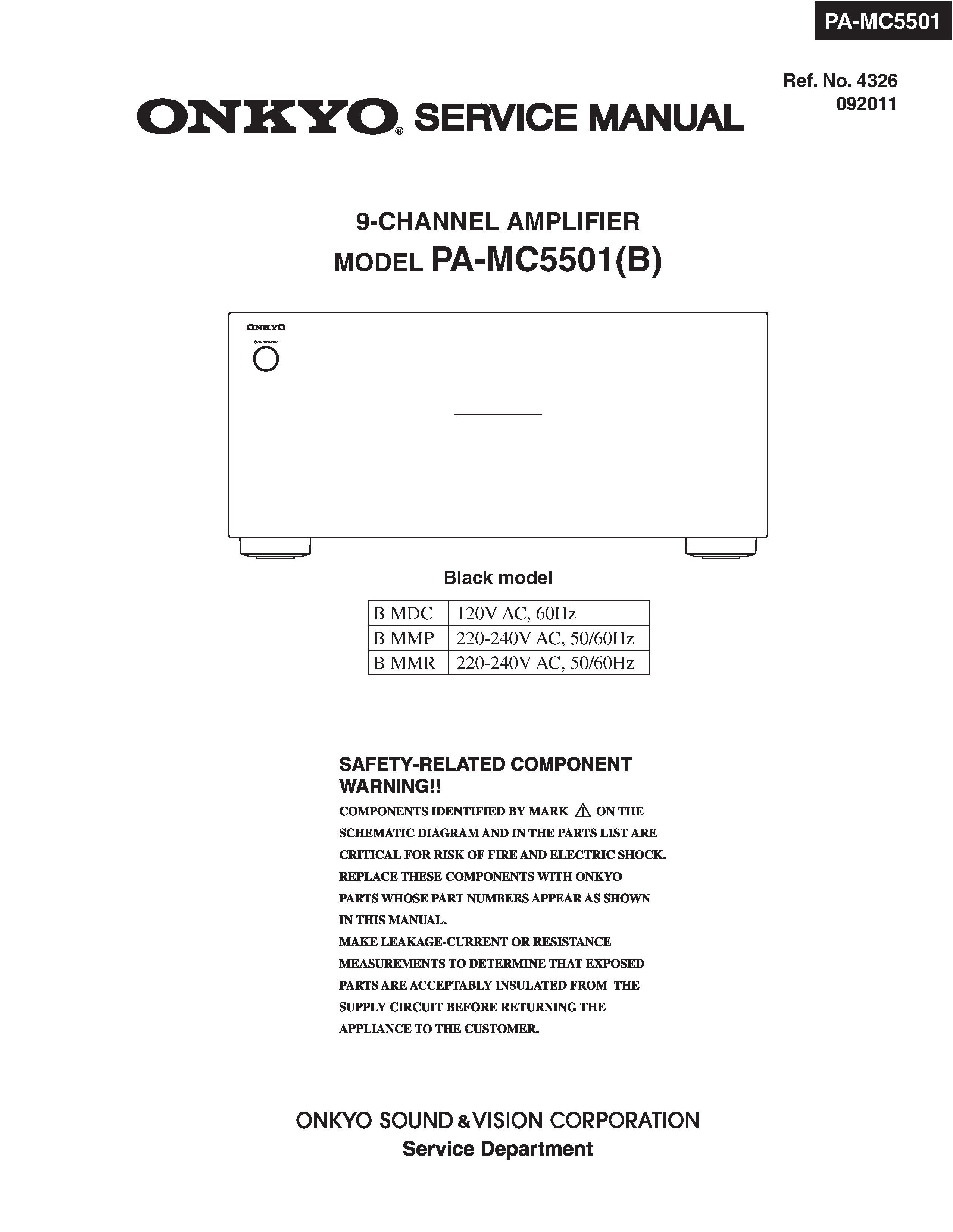 Onkyo pa mc5501 service manual cover with an image of the device and its remote control, model type and code, manual issue date and service safety precaution notice