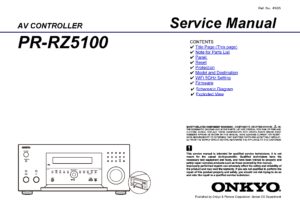Onkyo pr rz5100 service manual cover with an image of the device and its remote control, model type and code, manual issue date and service safety precaution notice