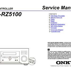 Onkyo pr rz5100 service manual cover with an image of the device and its remote control, model type and code, manual issue date and service safety precaution notice