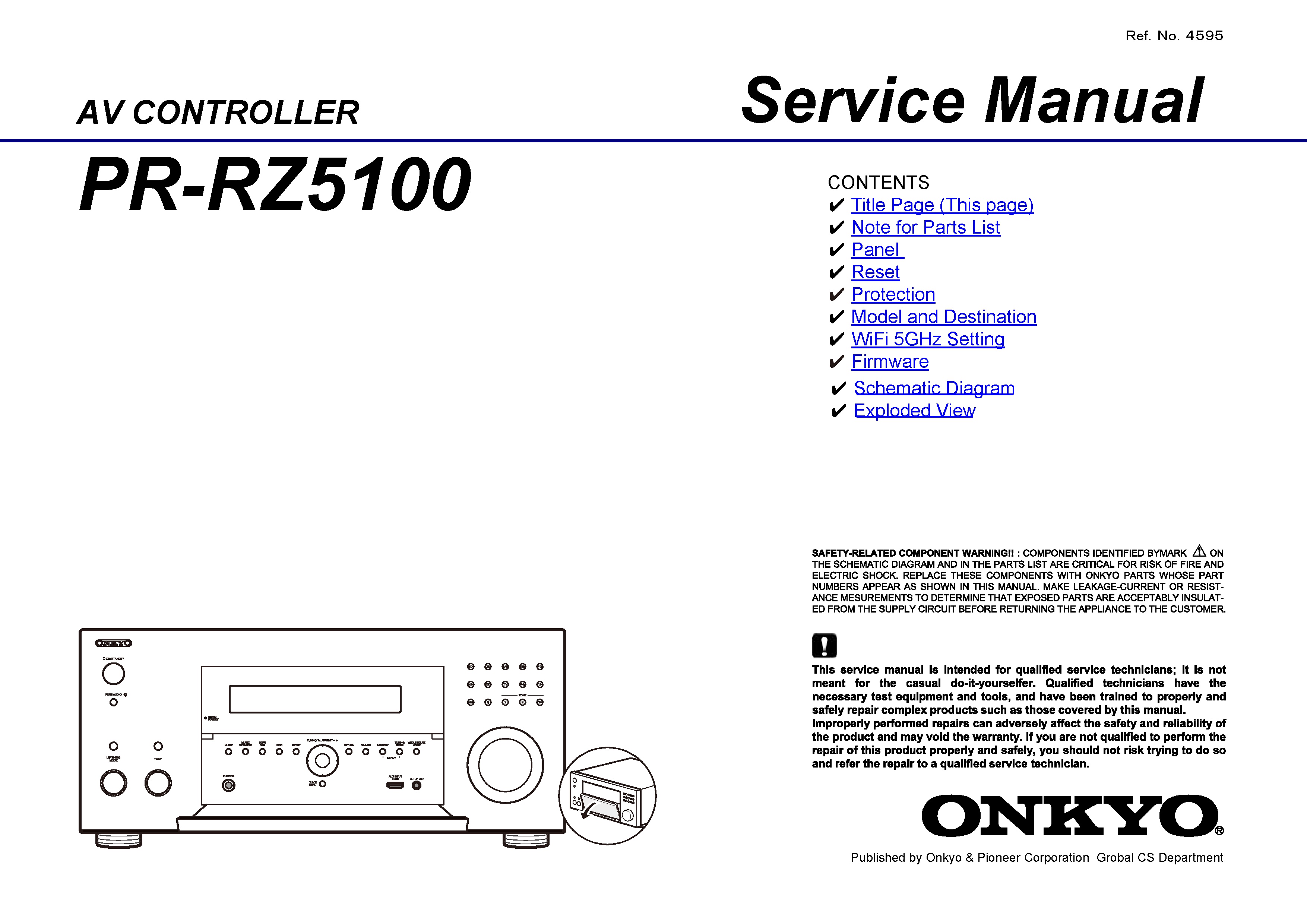 Onkyo pr rz5100 service manual cover with an image of the device and its remote control, model type and code, manual issue date and service safety precaution notice