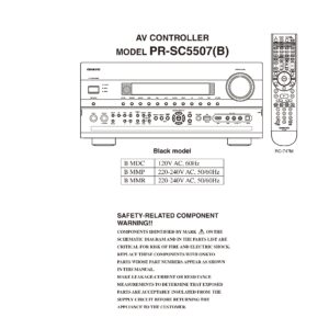 Onkyo pr sc5507 service manual cover with an image of the device and its remote control, model type and code, manual issue date and service safety precaution notice