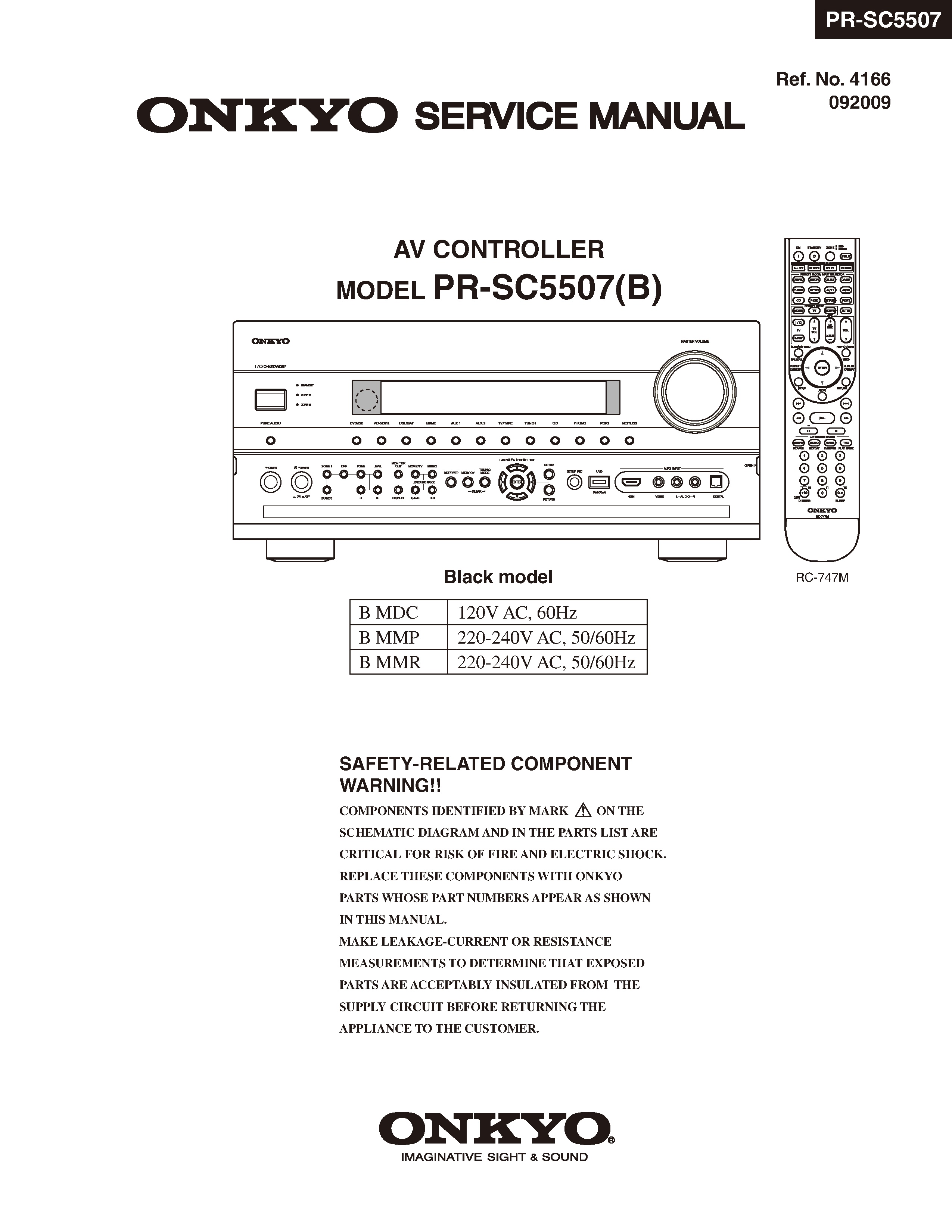 Onkyo pr sc5507 service manual cover with an image of the device and its remote control, model type and code, manual issue date and service safety precaution notice