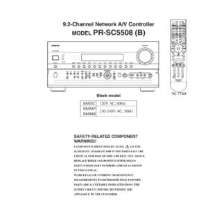 Onkyo pr sc5508 service manual cover with an image of the device and its remote control, model type and code, manual issue date and service safety precaution notice