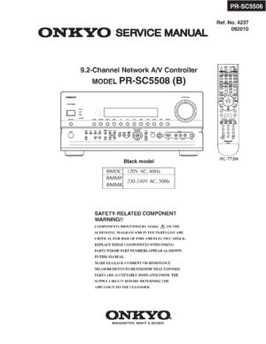 Onkyo pr sc5508 service manual cover with an image of the device and its remote control, model type and code, manual issue date and service safety precaution notice