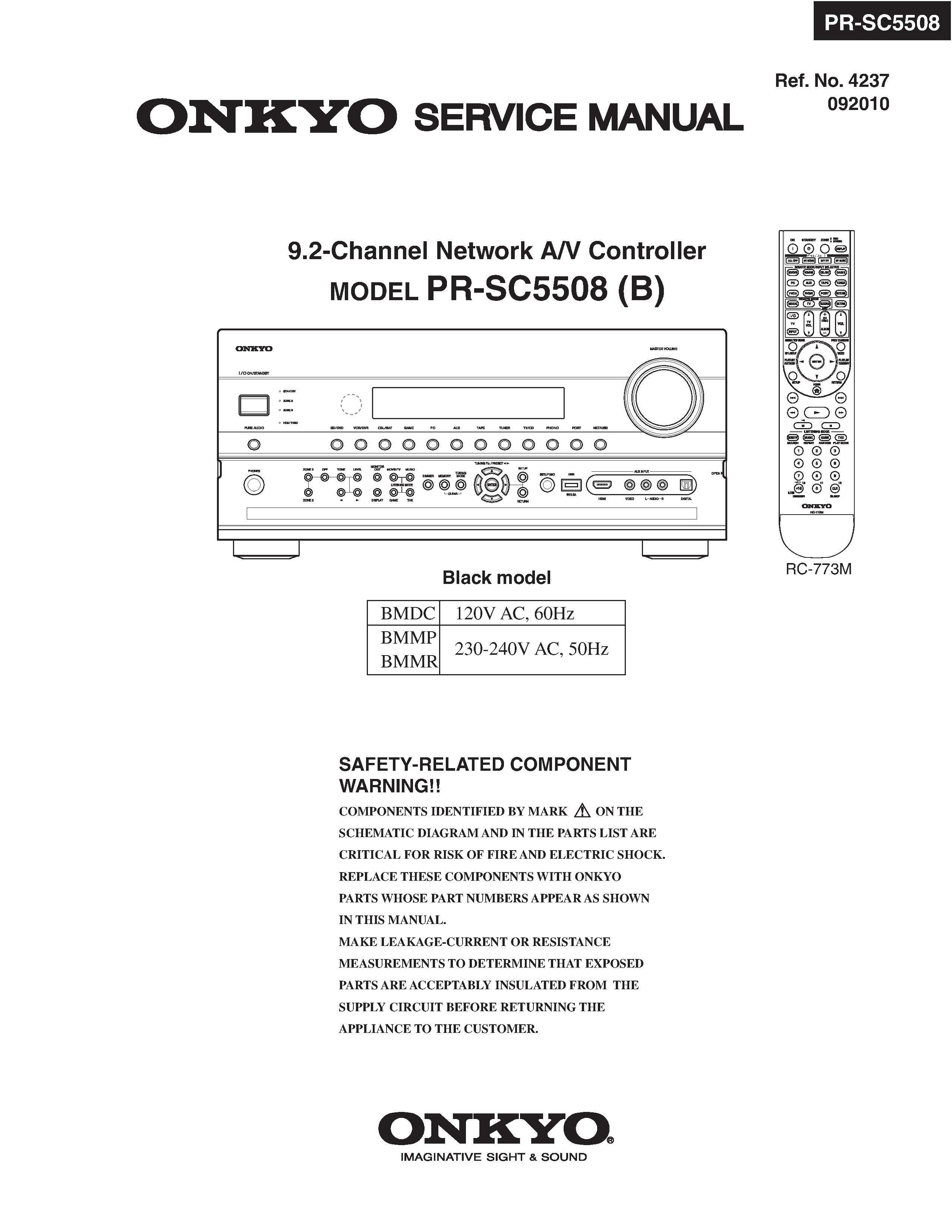 Onkyo pr sc5508 service manual cover with an image of the device and its remote control, model type and code, manual issue date and service safety precaution notice