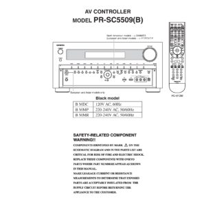 Onkyo pr sc5509 service manual cover with an image of the device and its remote control, model type and code, manual issue date and service safety precaution notice