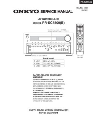 Onkyo pr sc5509 service manual cover with an image of the device and its remote control, model type and code, manual issue date and service safety precaution notice
