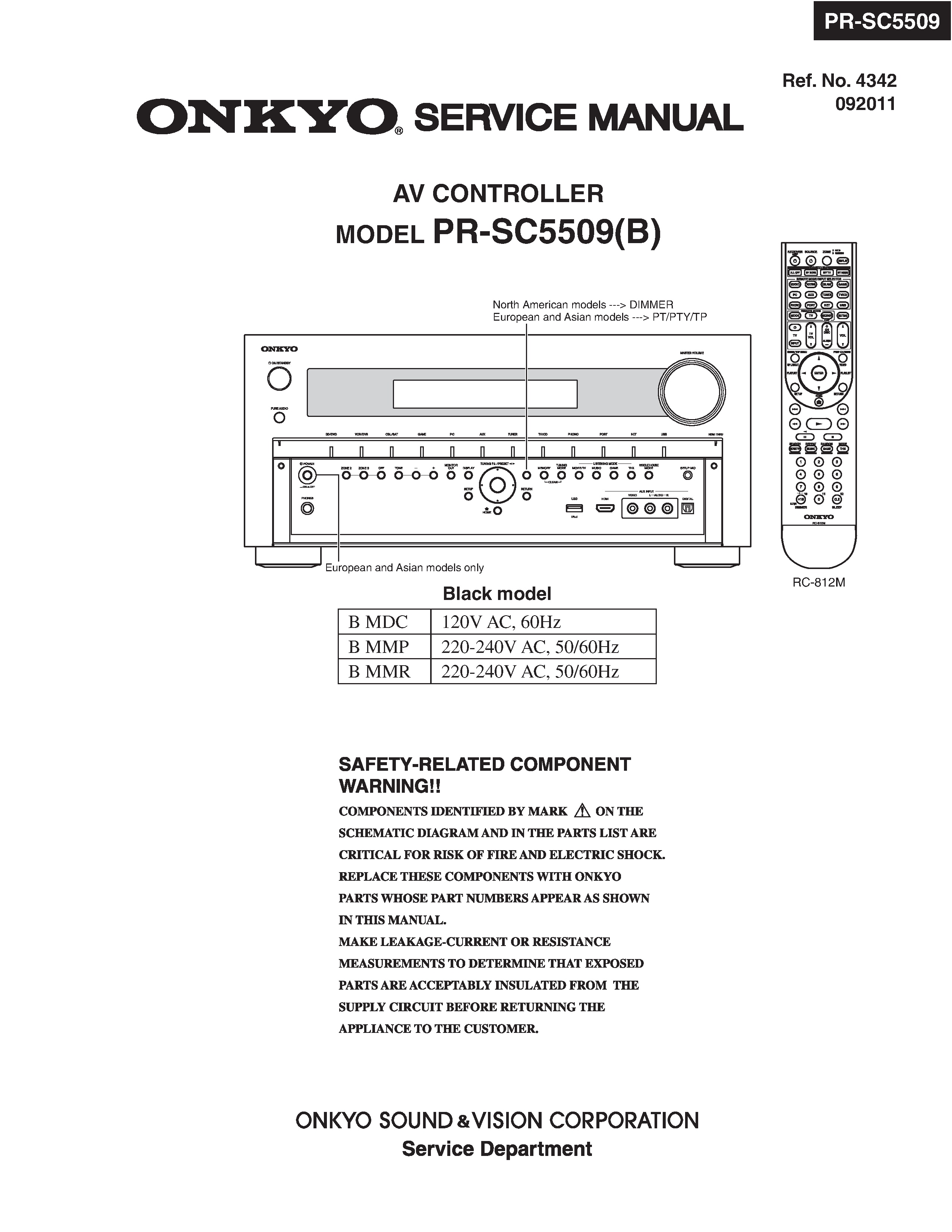 Onkyo pr sc5509 service manual cover with an image of the device and its remote control, model type and code, manual issue date and service safety precaution notice