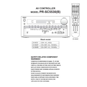 Onkyo pr sc5530 service manual cover with an image of the device and its remote control, model type and code, manual issue date and service safety precaution notice